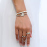 Knife Edge Cuff Bracelet with Athena Cuff Bracelet, White Sapphire ring, Moonstone Rings and Double Pearl Ring