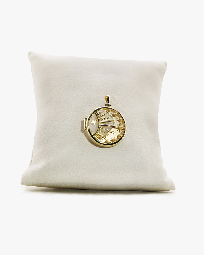 Awe Inspired Pendant Brushed 14K Gold Vermeil Archive Moon, Sun, Stars Locket