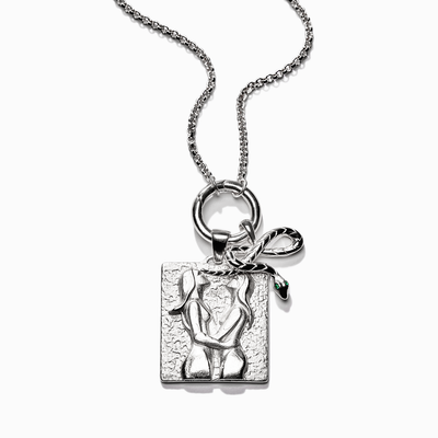 Amulet Collector Necklace paired with Le Duo tablet and Emerald Eye Snake amulet in sterling silver