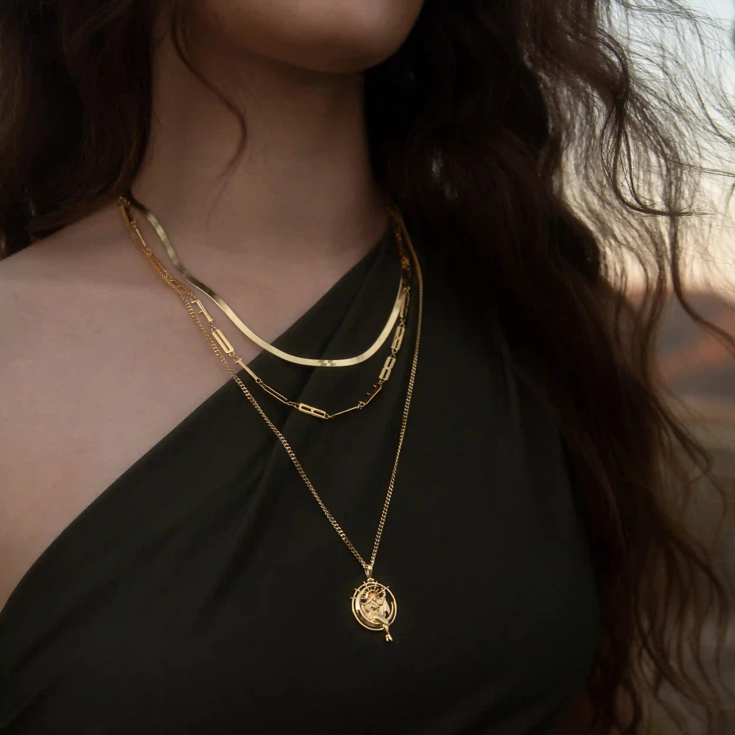 Herringbone Chain Necklace Snake Choker Thick Vermeil Flat Double Layering  Gold palted chain With green butterfly