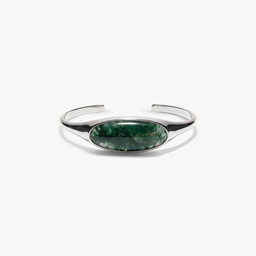 Awe Inspired Bracelets 925 Sterling Silver / Large / Moss Green Agate Gemstone Cabochon Stacking Cuff