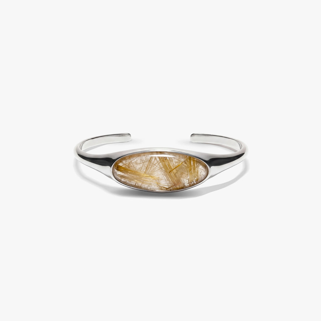 Awe Inspired Bracelets 925 Sterling Silver / Large / Rutilated Quartz - Gold Gemstone Cabochon Stacking Cuff