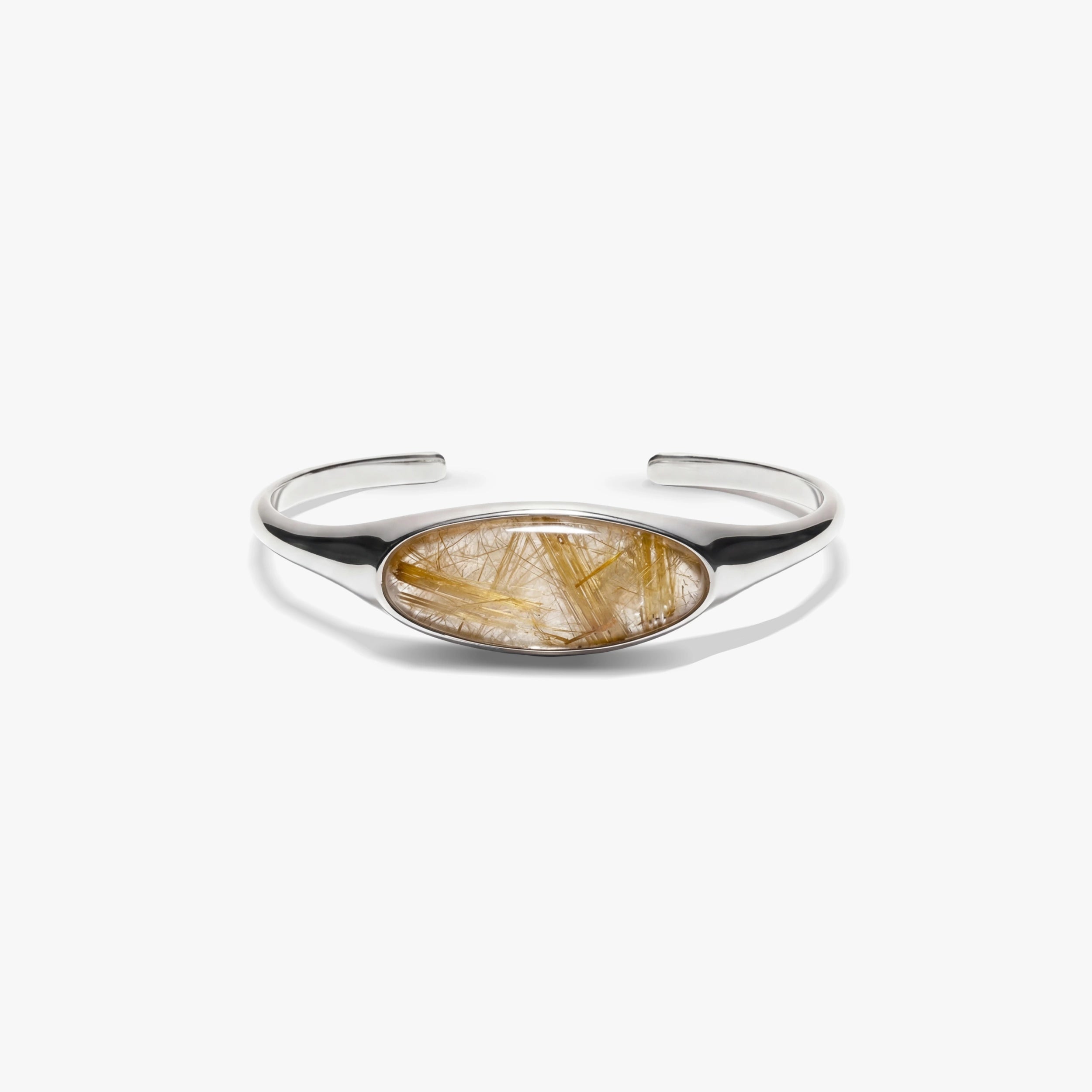 Awe Inspired Bracelets 925 Sterling Silver / Large / Rutilated Quartz - Gold Gemstone Cabochon Stacking Cuff