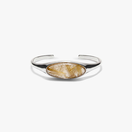 Awe Inspired Bracelets 925 Sterling Silver / Large / Rutilated Quartz - Gold Gemstone Cabochon Stacking Cuff
