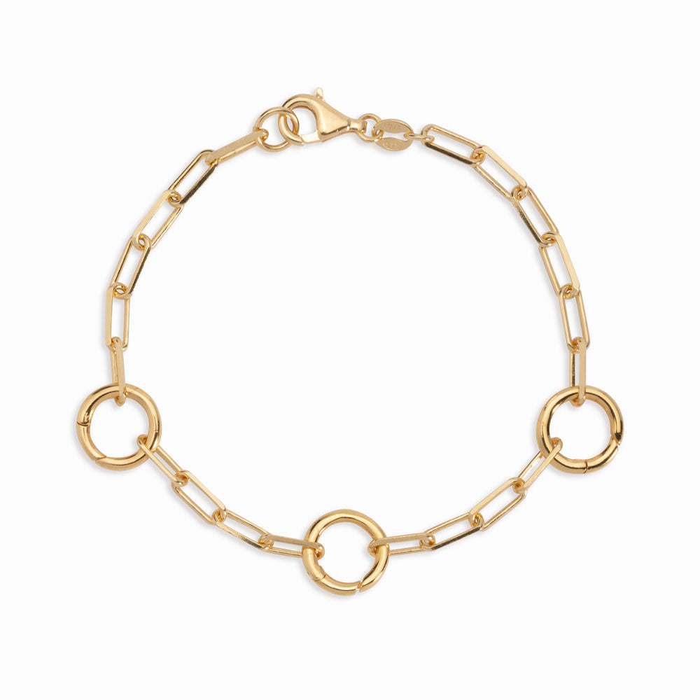 Product image of An Awe Inspired gold chain bracelet with three amulet links, called The Collector Bracelet in gold vermeil.