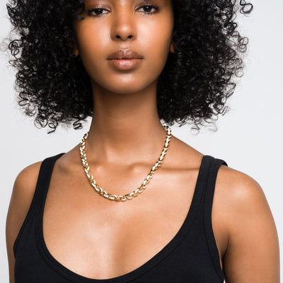 Model wearing Chunky White Colored Enamel Chain Necklace in gold vermeil