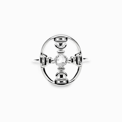 An Awe Inspired Compass Ring with a diamond in the center.