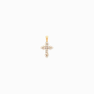 An Awe Inspired Pearl Cross Amulet with diamonds on a white background.