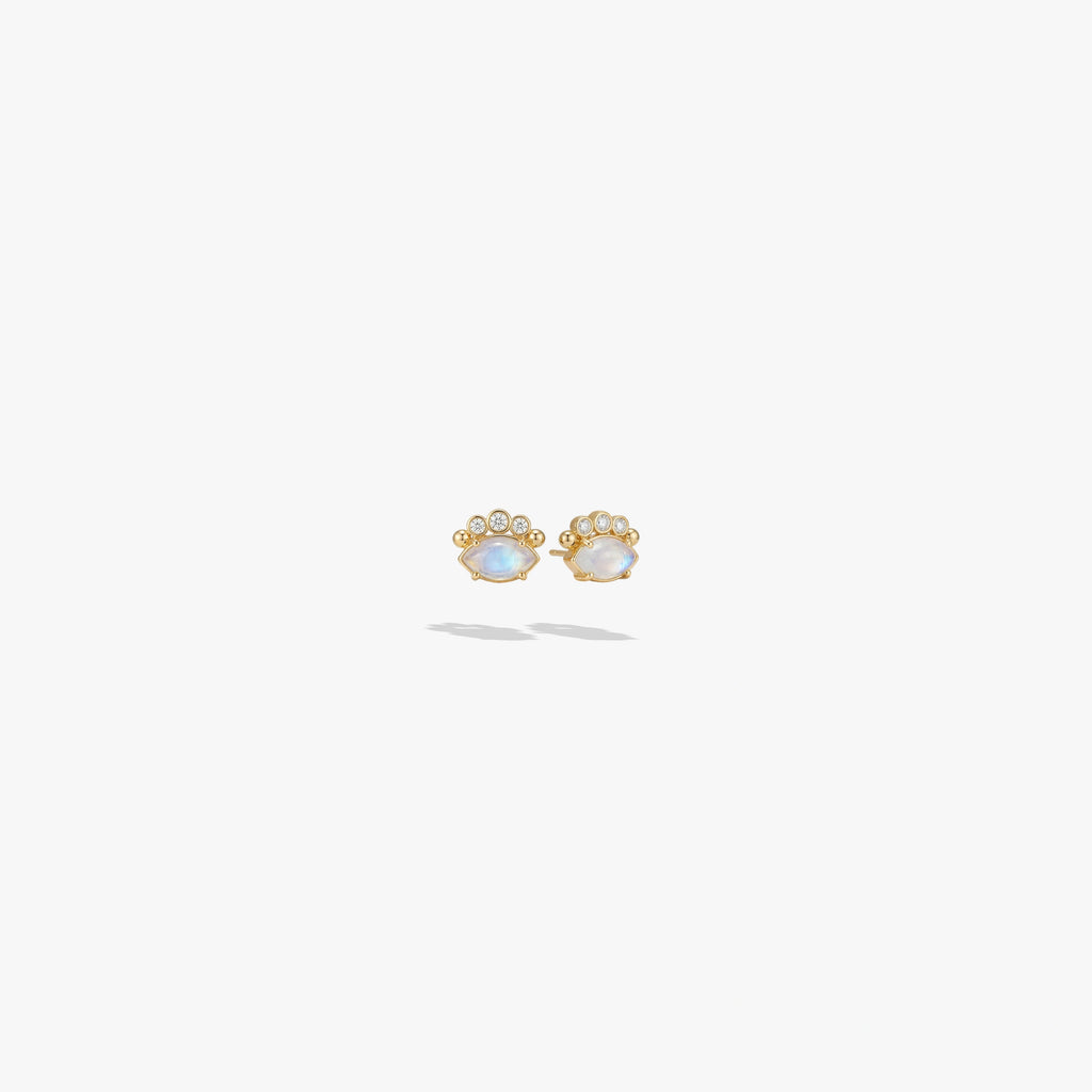 Awe Inspired Earrings 14K Gold Vermeil / Rainbow Moonstone / Pair Evil Eye Cabochon Studs