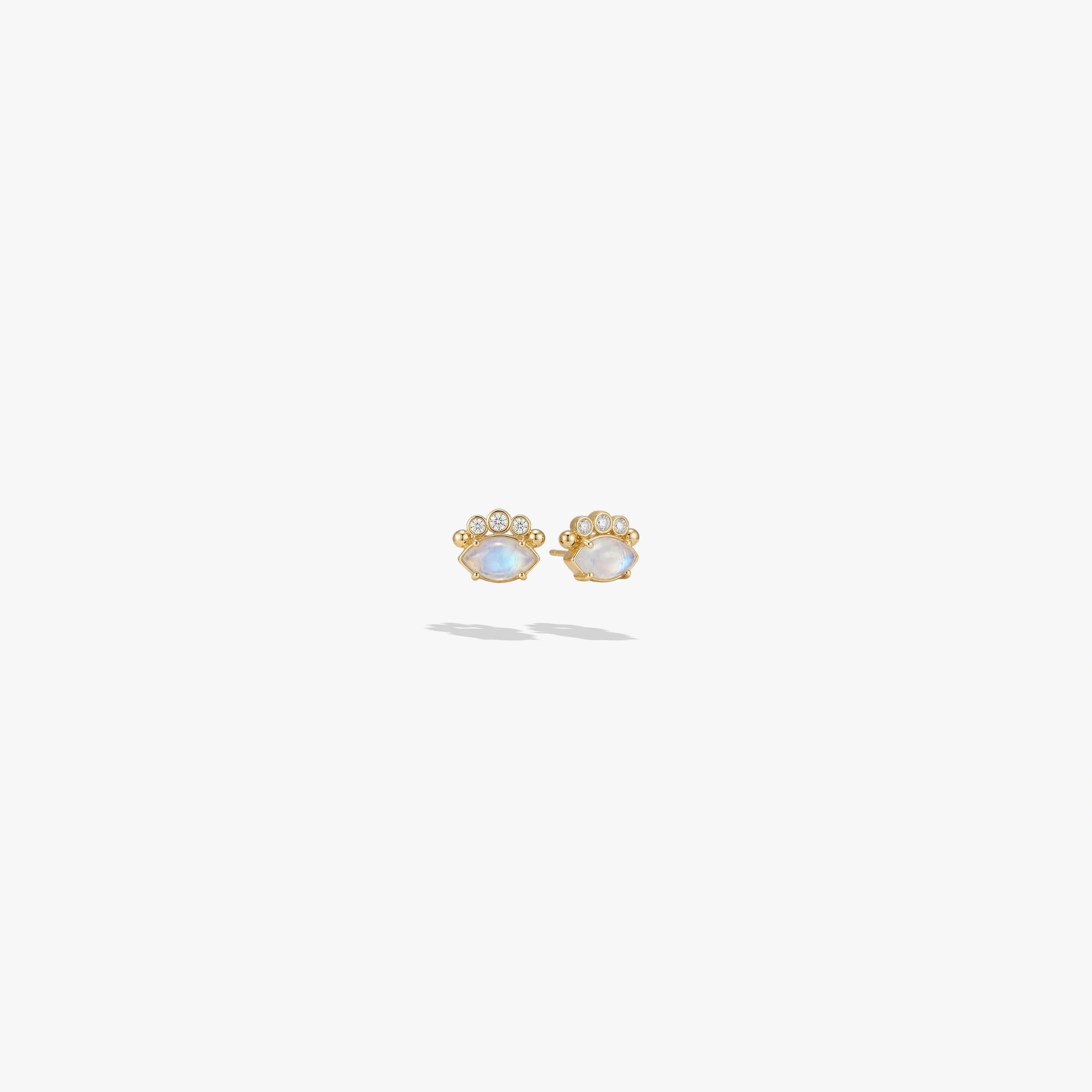 Awe Inspired Earrings 14K Gold Vermeil / Rainbow Moonstone / Pair Evil Eye Cabochon Studs