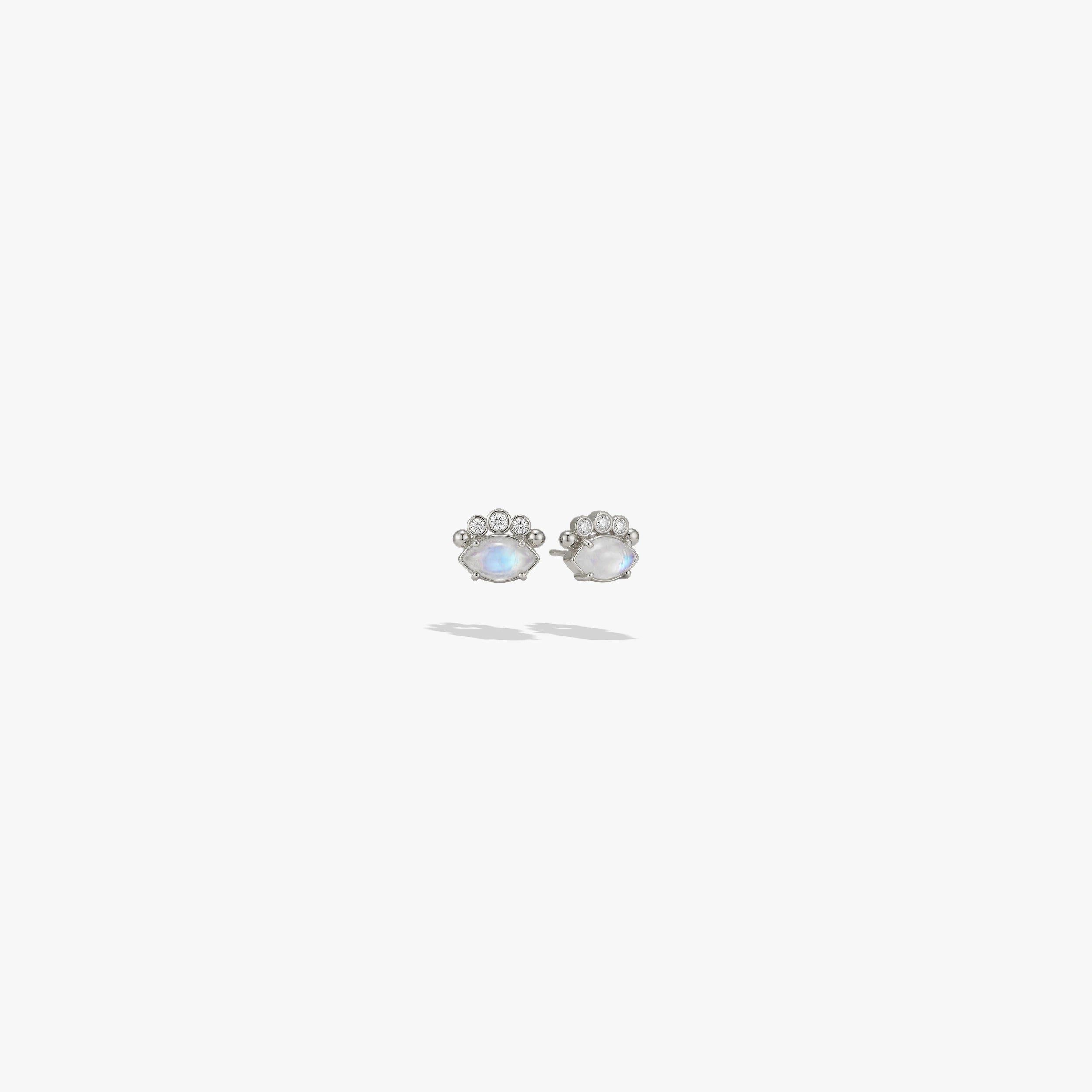 Awe Inspired Earrings 925 Sterling Silver / Rainbow Moonstone / Pair Evil Eye Cabochon Studs