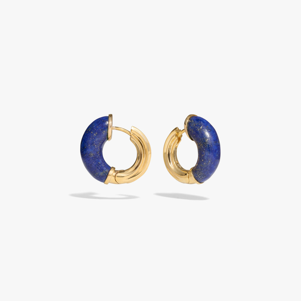 Awe Inspired Earrings 14K Gold Vermeil / Blue Lapis / Pair Star Carved Hoop Earrings