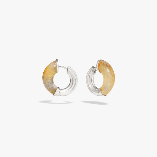 Awe Inspired Earrings 925 Sterling Silver / Rutilated Quartz - Gold / Pair Star Carved Hoop Earrings