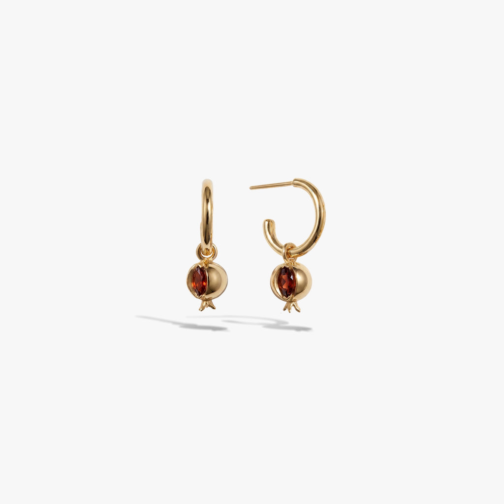 Awe Inspired Earrings 14K Gold Vermeil / Pair Pomegranate Charm Hoops
