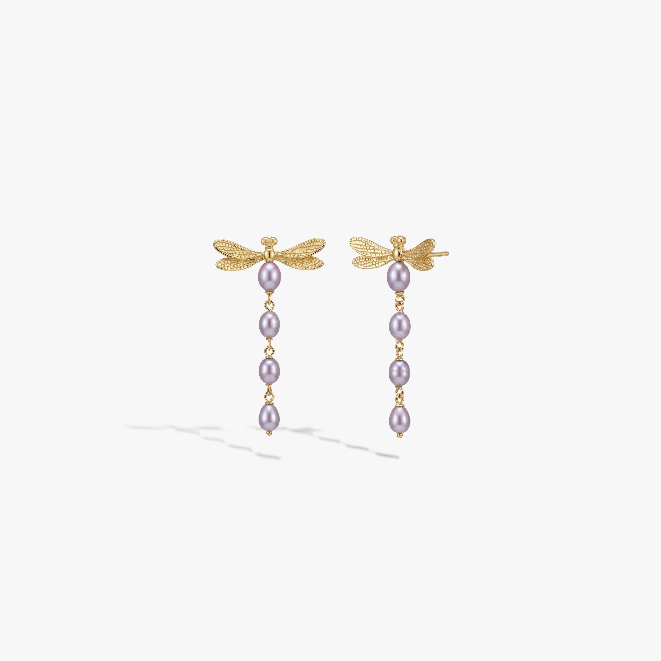 Awe Inspired Earrings 14K Gold Vermeil / Lavender / Pair Metamorphic Damselfly Pearl Earrings