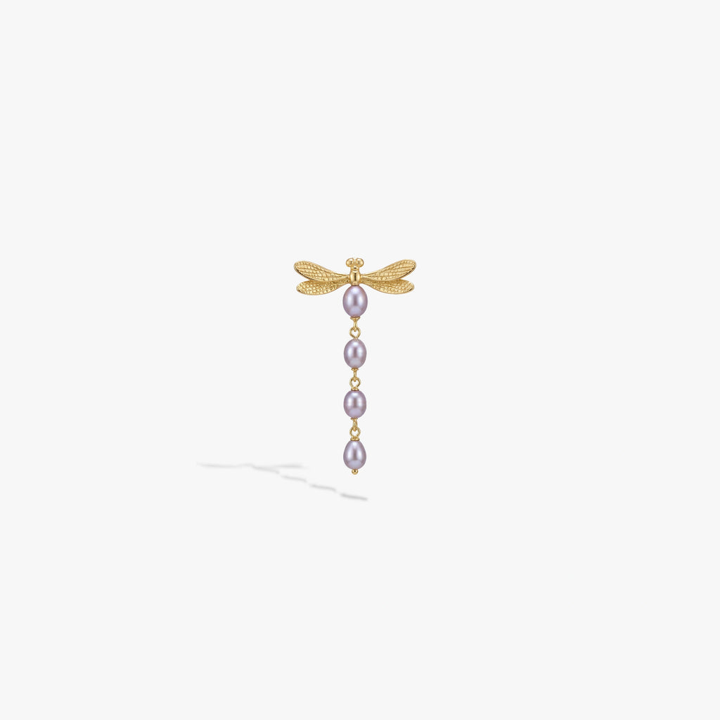 Awe Inspired Earrings 14K Gold Vermeil / Lavender / Single Metamorphic Damselfly Pearl Earrings