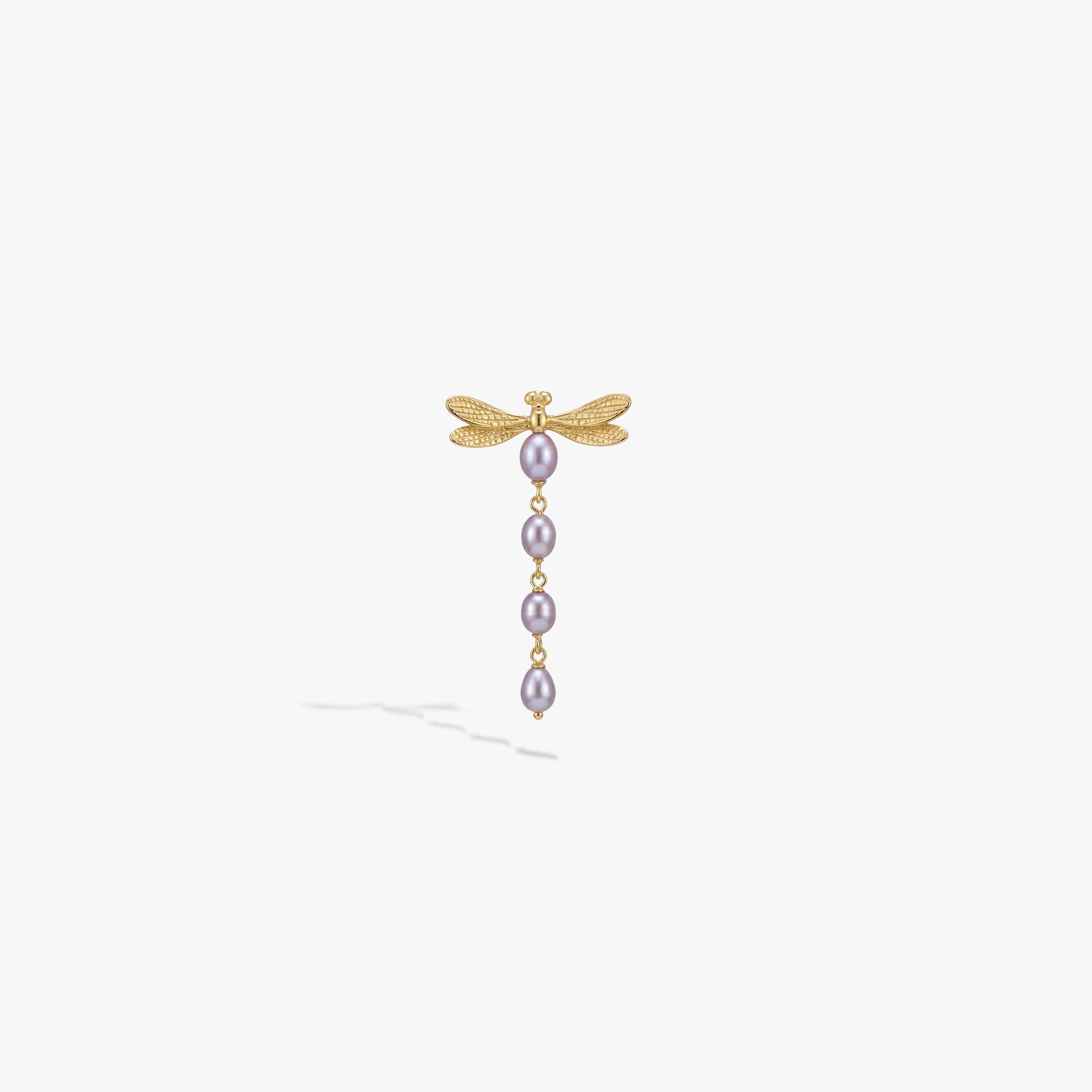 Awe Inspired Earrings 14K Gold Vermeil / Lavender / Single Metamorphic Damselfly Pearl Earrings