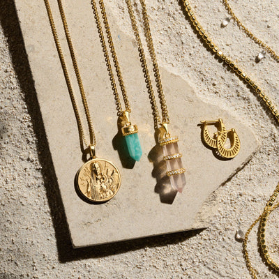 Amazonite Amulet paired with standard Gaia pendant and Large Crystal Quartz amulet in gold vermeil