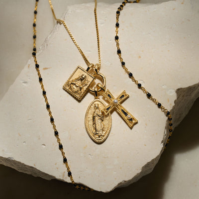 Virgen de Guadalupe, Enamel Cross and Mini Mother Pendants on a Box Chain in 14k Yellow Gold Vermeil | Awe Inspired
