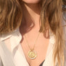 White Topaz Goddess Halo and 20mm Selene Goddess coin necklace in gold vermeil on a cable chain.