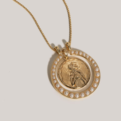 Pearl Goddess Halo and Aphrodite 20mm Goddess coin necklace in Gold Vermeil on a box chain