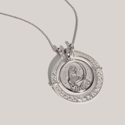 An Awe Inspired White Topaz Goddess Halo necklace with a standard Selene pendant in sterling silver