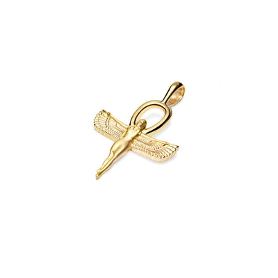 A gold Ankh of Isis Amulet with an Egyptian bird on it by Awe Inspired.