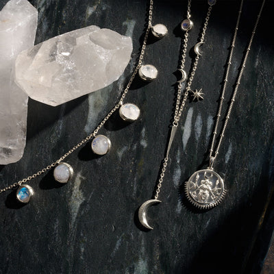 All the Phases of the Moon Layering Necklace paired with Special Edition Hecate Necklace in sterling silver
