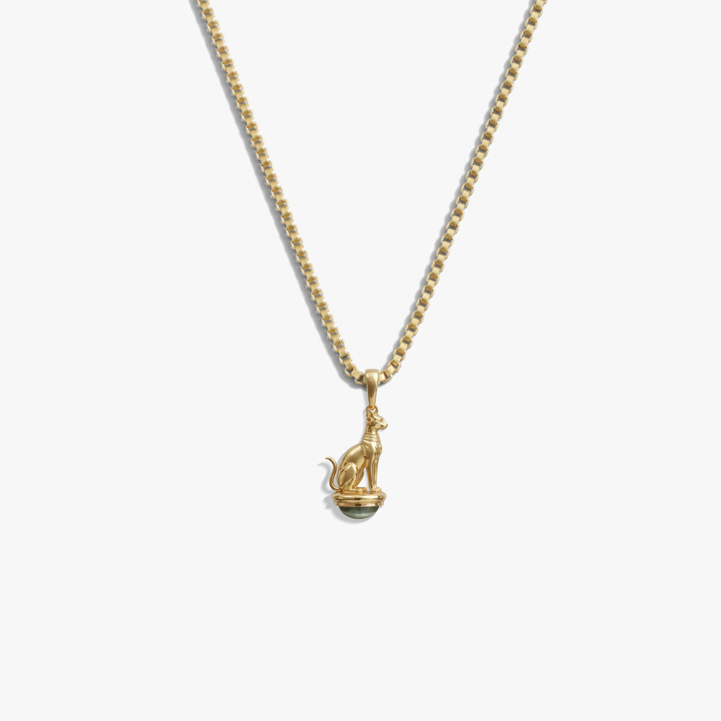 Awe Inspired Necklaces 14K Gold Vermeil / Green Cats Eye / 16''-18'' Sacred Cat Cabochon Necklace
