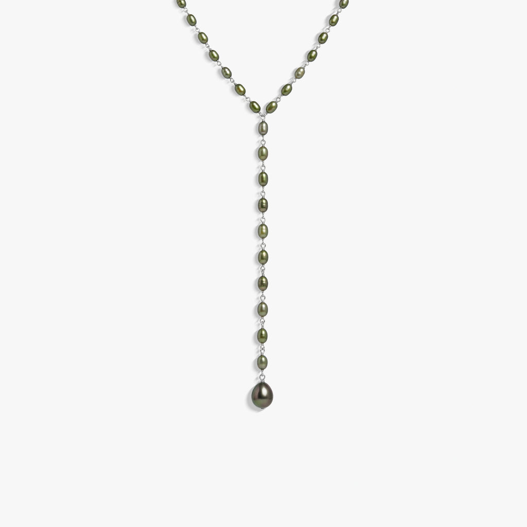 Awe Inspired Necklaces 925 Sterling Silver / Green Pearl Damselfly Drop Pearl Lariat