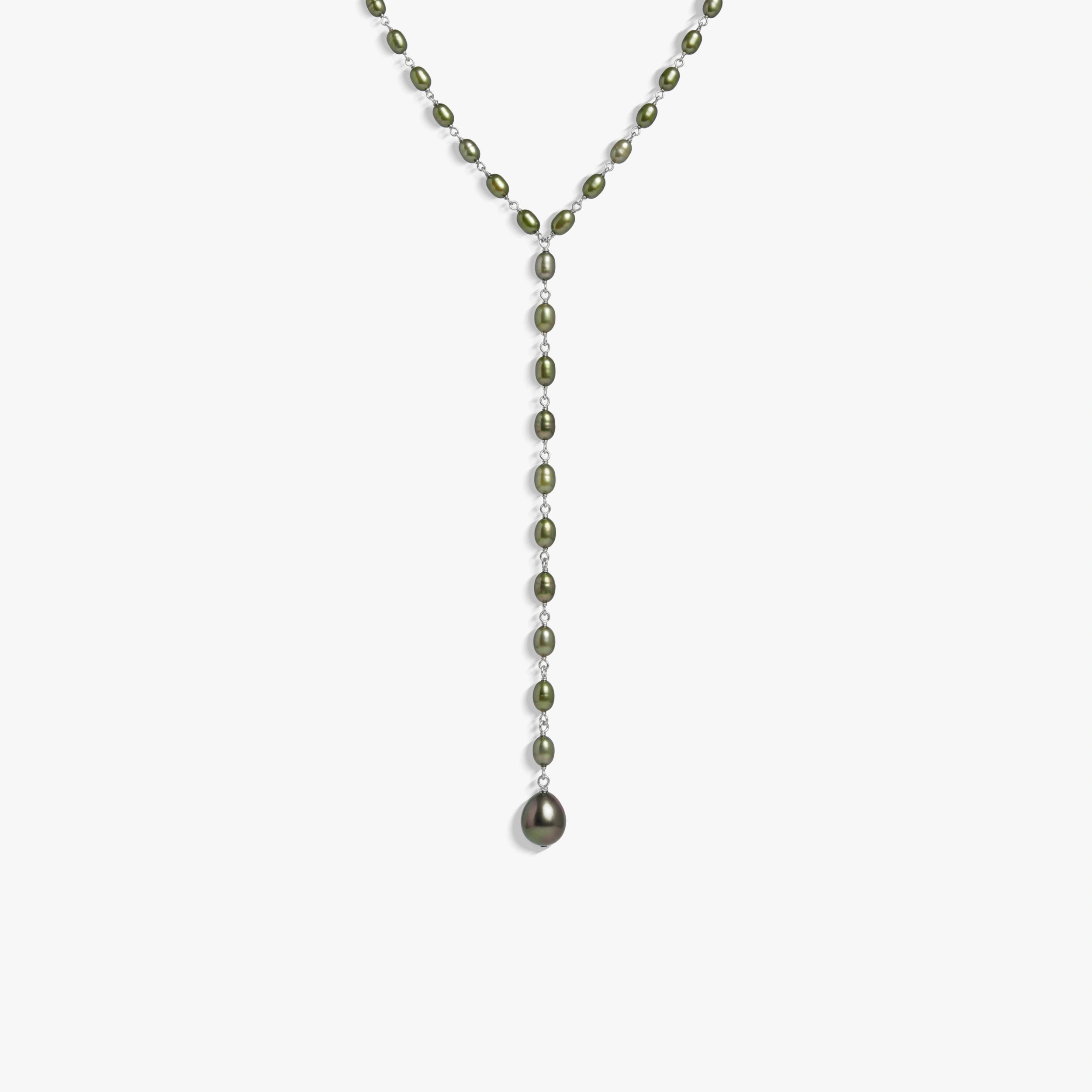 Awe Inspired Necklaces 925 Sterling Silver / Green Pearl Damselfly Drop Pearl Lariat