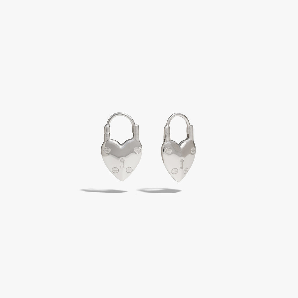 Awe Inspired Earrings 925 Sterling Silver / Pair Padlock Heart Huggies