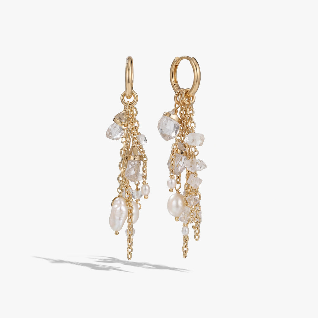Awe Inspired Earrings 14K Gold Vermeil / Pair Pearl & Crystal Quartz Dynamic Huggie