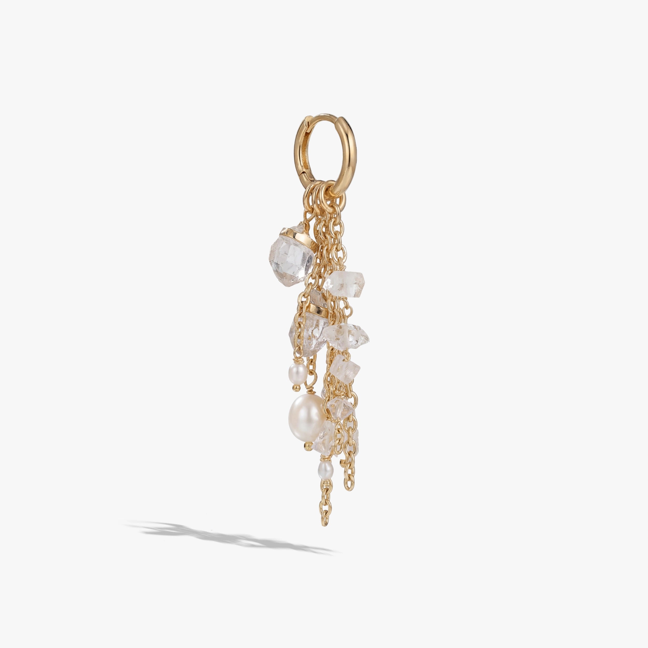 Awe Inspired Earrings 14K Gold Vermeil / Single Pearl & Crystal Quartz Dynamic Huggie