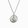 Awe Inspired's Persephone Necklace, a silver piece adorned with a round pendant showcasing a raised image of Persephone holding a child.