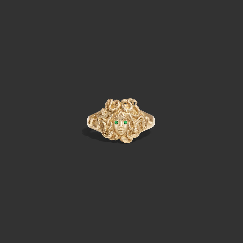 Awe Inspired Rings 14K Yellow Gold / 5 Emerald Medusa Signet Ring
