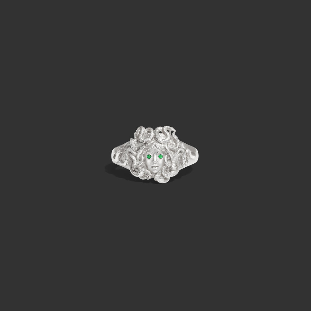 Awe Inspired Rings 14K White Gold / 5 Emerald Medusa Signet Ring