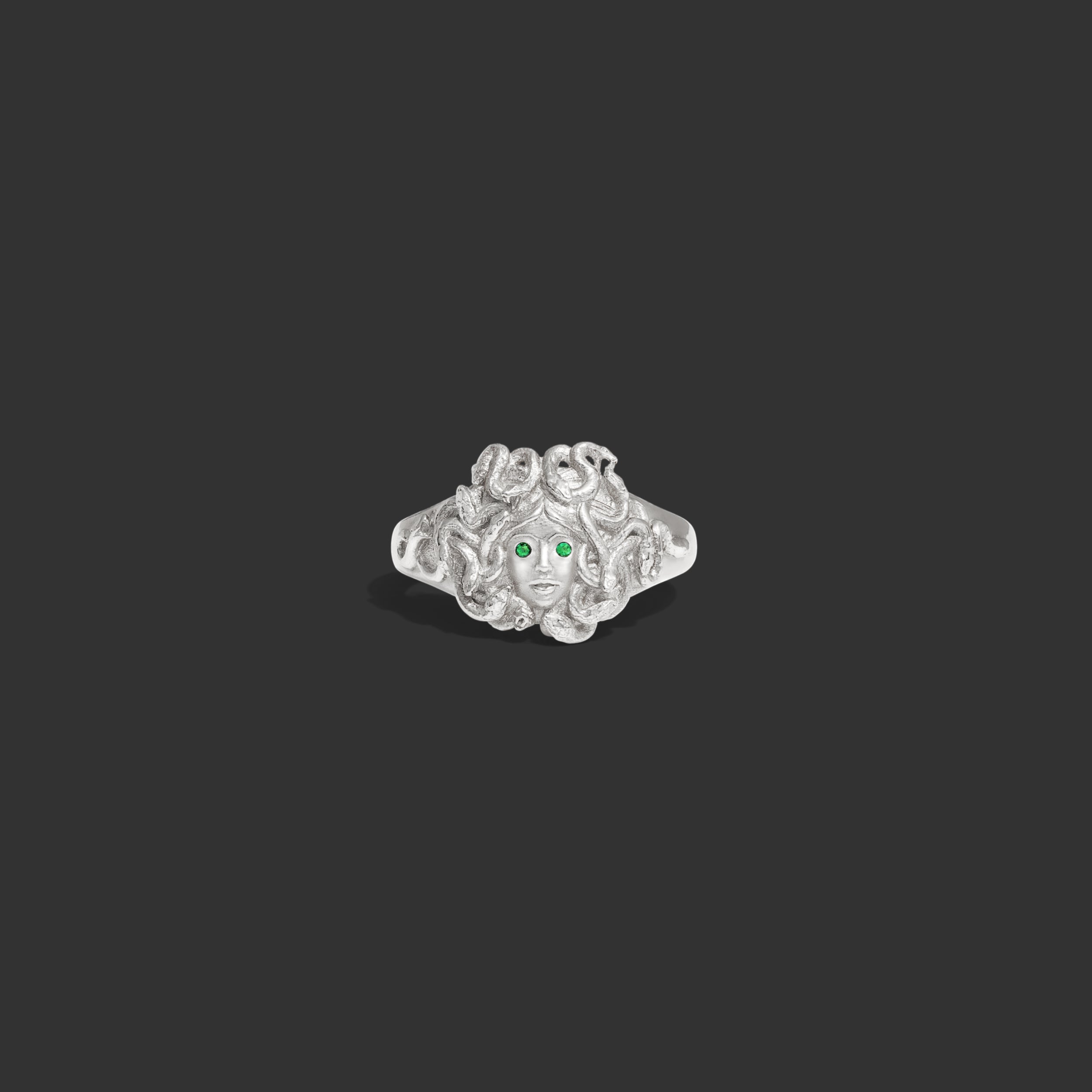 Awe Inspired Rings 14K White Gold / 5 Emerald Medusa Signet Ring