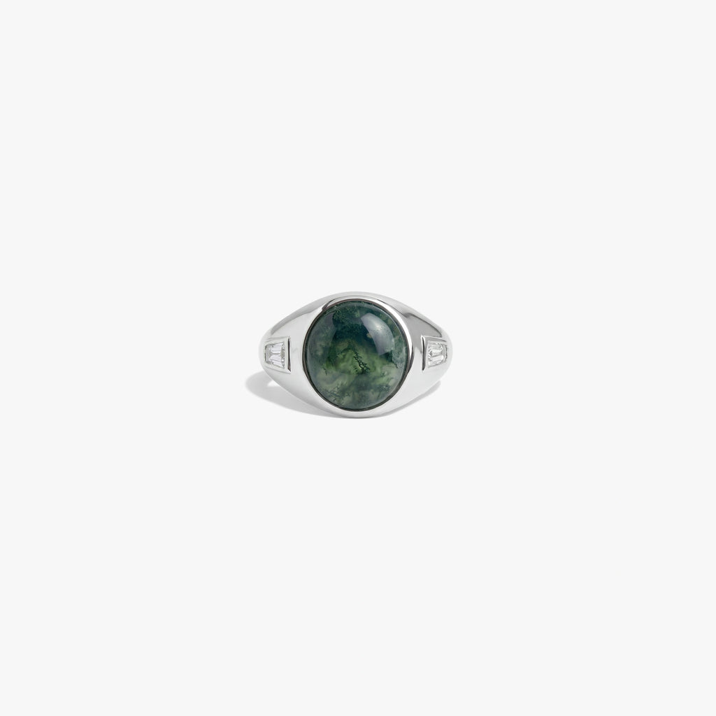 Awe Inspired Rings 925 Sterling Silver / Moss Green Agate / 6 Future Artifact Gemstone Signet Ring