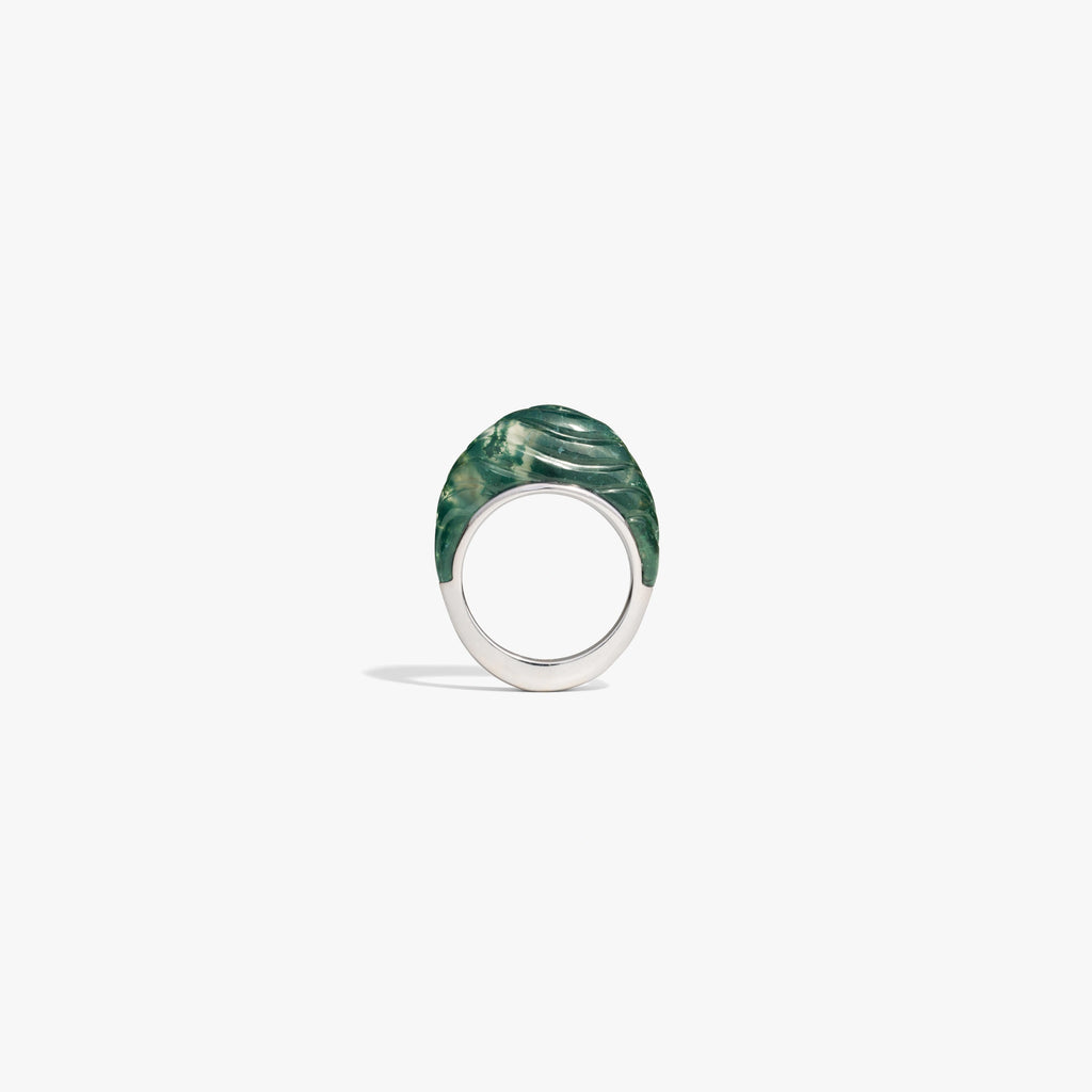 Awe Inspired Rings 925 Sterling Silver / Moss Green Agate / 6 Carved Wave Ring