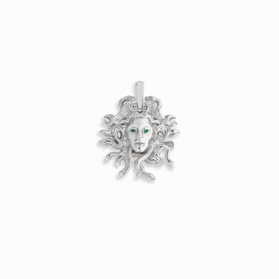 Medusa Reborn pendant in sterling silver with emerald eyes by Awe Inspired.