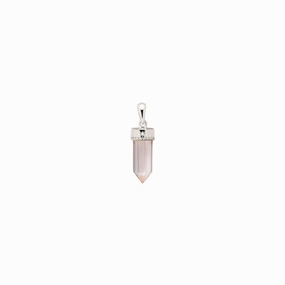 An Awe Inspired Crystal Quartz Amulet with a pink quartz stone on a white background.