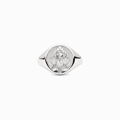 An Awe Inspired Cleopatra Signet Ring with an image of a woman.