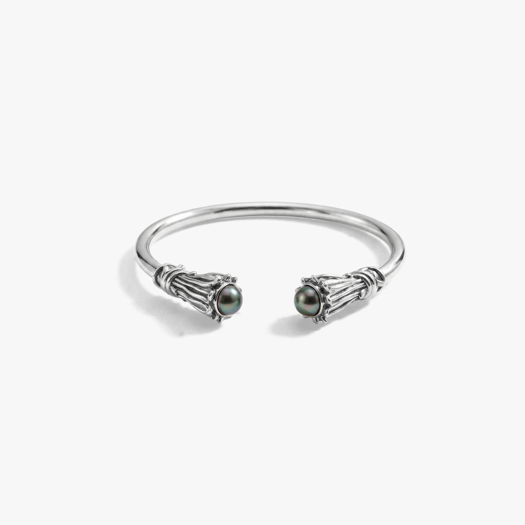 Awe Inspired Bracelets 925 Sterling Silver / Black Freshwater Pearl / Medium/Large Thorned Cabochon Cuff