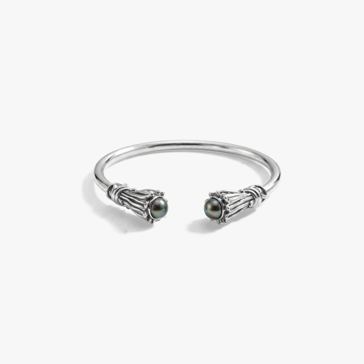 Awe Inspired Bracelets 925 Sterling Silver / Black Freshwater Pearl / Medium/Large Thorned Cabochon Cuff