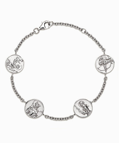 A Warrior Goddess Bracelet by Awe Inspired with four coins on it.