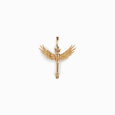 An Awe Inspired Winged Torch Amulet on a white background.