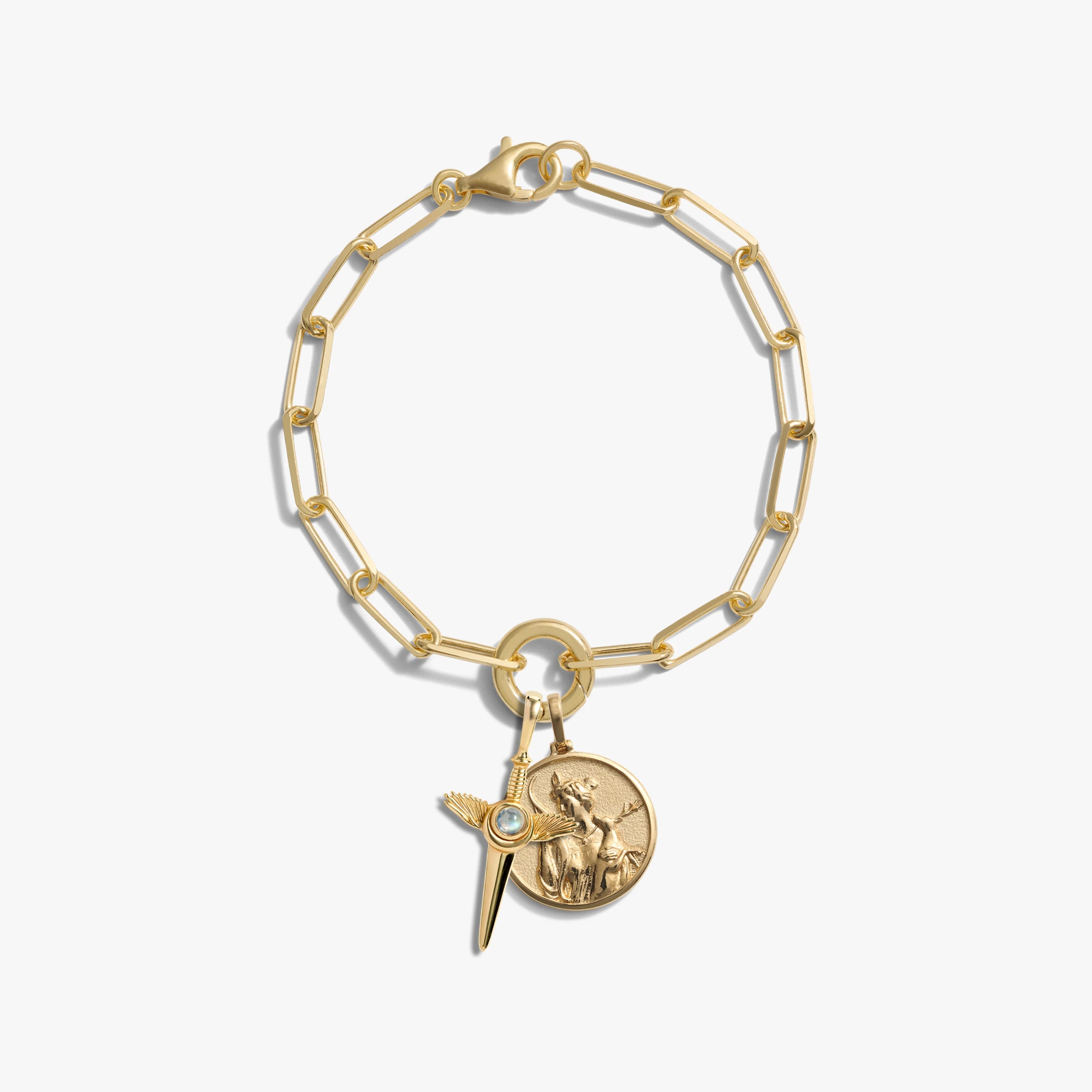 Awe Inspired Bracelets 14K Gold Vermeil Artemis and Flying Dagger Charm Bracelet