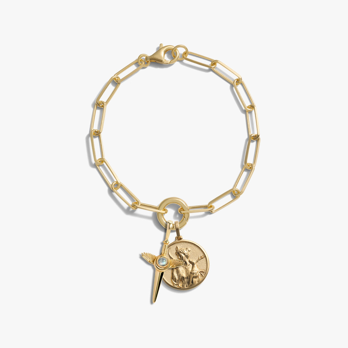 Awe Inspired Bracelets 14K Gold Vermeil Artemis and Flying Dagger Charm Bracelet