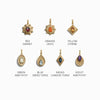 Seven gold pendants featuring an array of gemstones—red garnet, orange onyx, yellow citrine, green amethyst, blue Swiss topaz, indigo London topaz, and violet amethyst—arranged in two rows. Ideal for the Chakra Pendant set or to enhance your Awe Inspired Invisible Aura Charm Bracelet.
